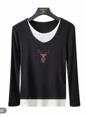 长袖假两件小鹿图案长袖衫-30259