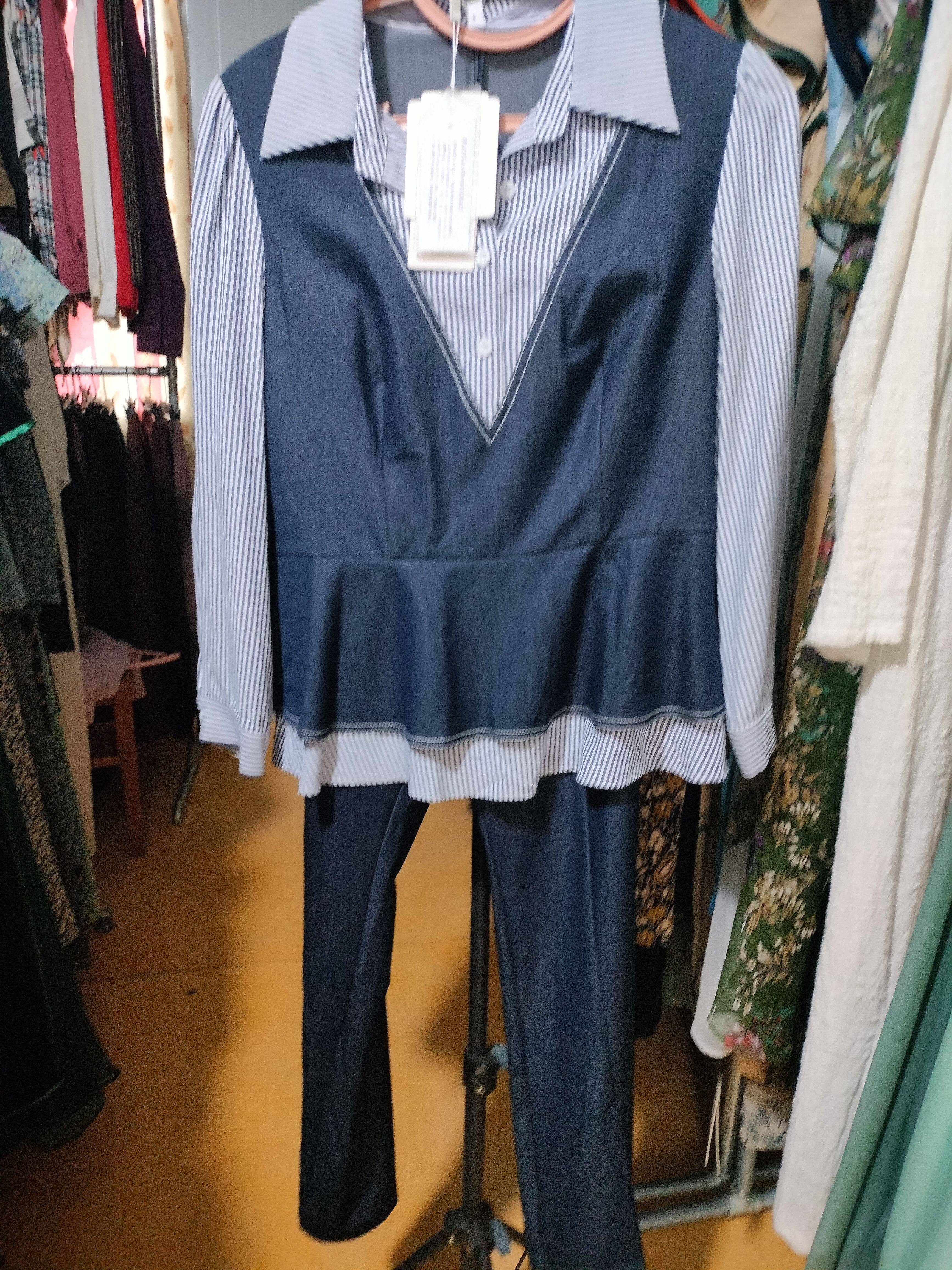 夏薄款两件套牛仔拼接衬衫加裤子汉派服饰