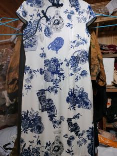 衣长98CM是L码 真丝桑蚕丝夏季 青花瓷国风旗袍胸围88.腰围76cm