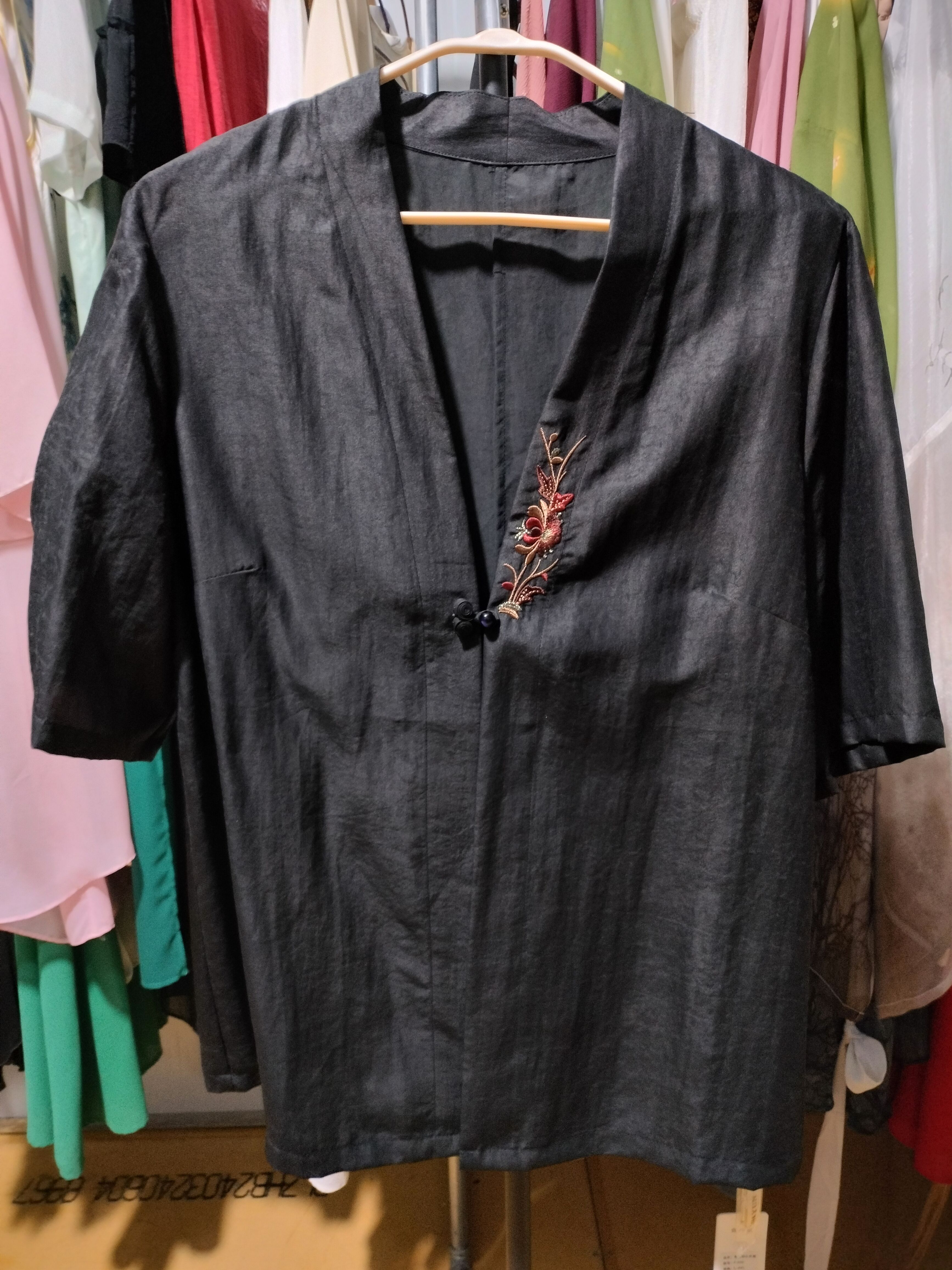 龟纹香云纱真丝汉服外套女中式桑蚕丝短款开衫上衣XXL码100-130斤