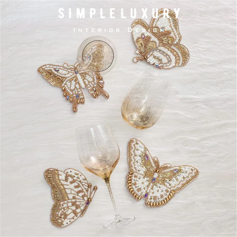 【简单的奢华】Papillon 金光映蝶 手工串珠 餐卓隔热垫酒水杯垫