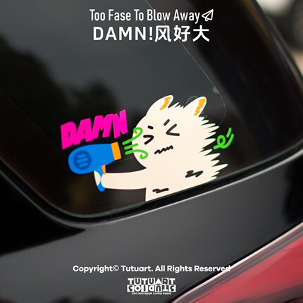 TUTUART原创 开慢点 DAMN!风太大要被吹走 安全驾驶防水警示车贴