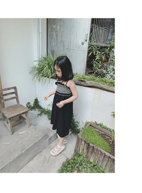 HELLO!ASH春夏季女童韩国童装儿童黑色复古花边吊带阔腿连体衣裤