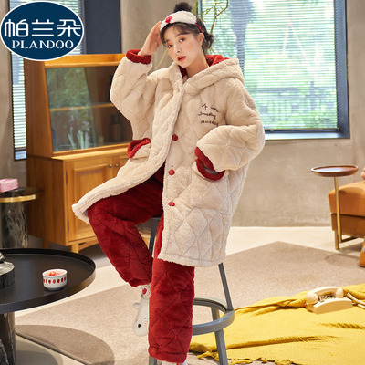 三层夹棉睡衣女款冬季加厚加绒珊瑚绒冬天加长款连帽棉袄家居服