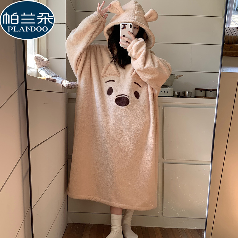 半边绒睡裙女款珊瑚绒冬季加厚长袖卡通可爱连帽睡衣连衣裙家居服