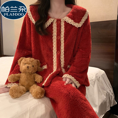 2025新款保暖睡衣女珊瑚绒秋冬季加厚法兰绒红色高级感家居服套装