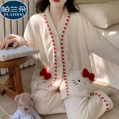 秋冬季睡衣女款珊瑚绒2025新款半边绒开衫和服可爱少女家居服套装