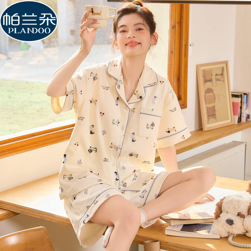 100%纯棉睡衣女夏季薄款开衫翻领短袖短裤卡通学生全棉家居服套装