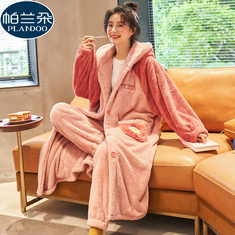 珊瑚绒睡衣女秋冬季睡袍中长款冬天加厚保暖甜美可爱家居服两件套