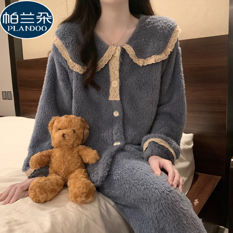 睡衣女2025新款冬天珊瑚绒加绒加厚法兰绒秋冬开衫翻领家居服套装