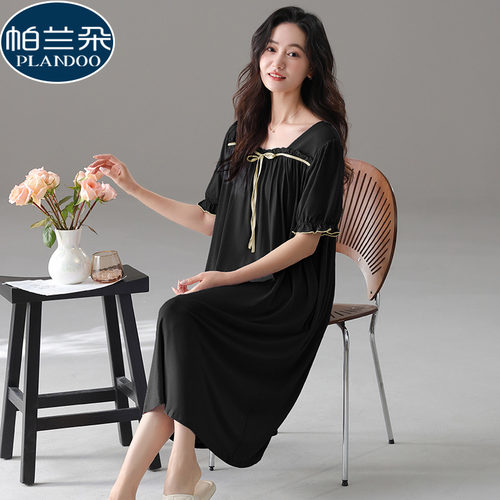 2025年新款睡裙女夏季莫代尔短袖睡衣黑色时尚高级感可外穿家居服