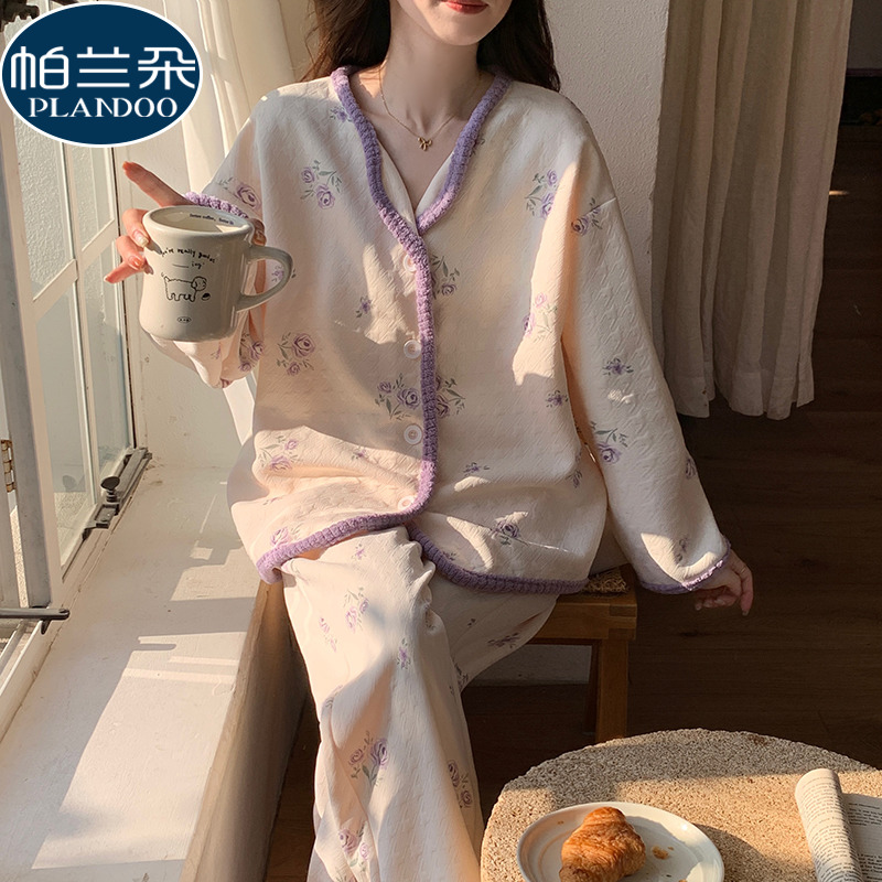 2025新款纯棉睡衣女款秋冬季空气棉夹层少女生时尚高级感家居服