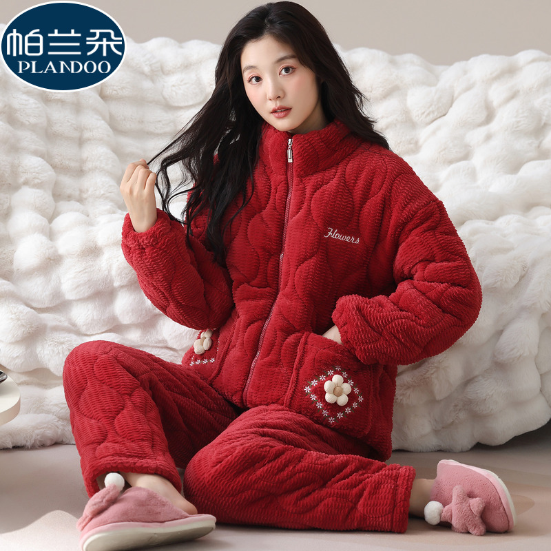 珊瑚绒夹棉睡衣女士秋冬季三层棉袄加厚保暖拉链红色家居服可外穿