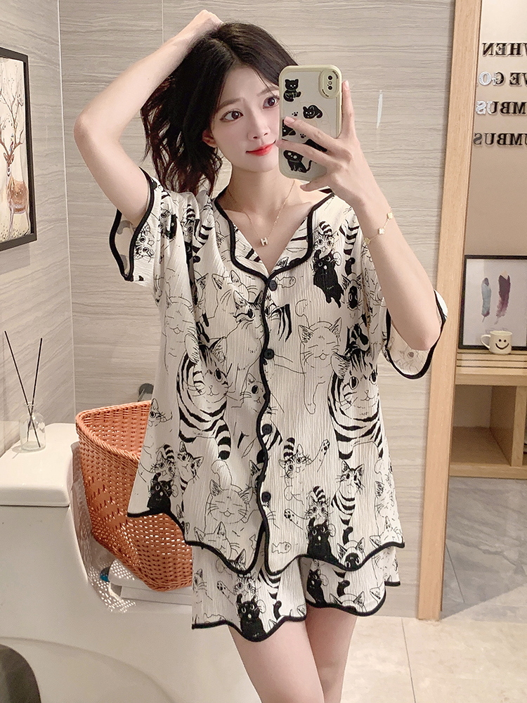 Pajamas with chest pads women's summer cotton short-sleeved shorts thin cute cartoon girly summer loungewear set