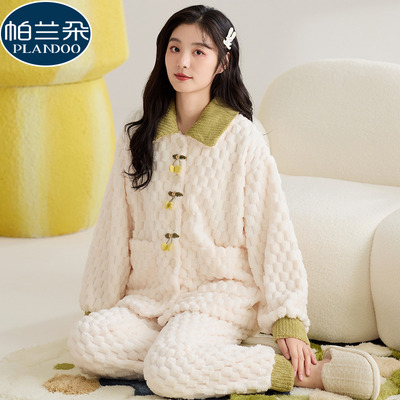 珊瑚绒睡衣秋冬季加厚加绒法兰绒甜美可爱时尚女生家居服冬天套装