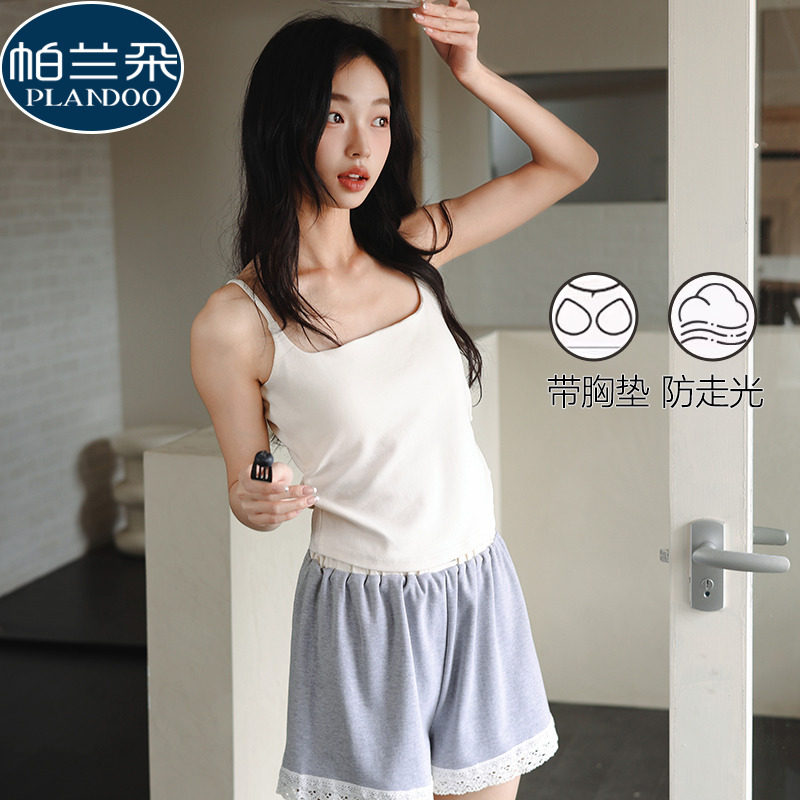 带胸垫一体式吊带睡衣女夏季纯棉无袖短裤2026新款韩版可外穿套装