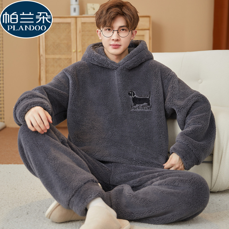 珊瑚绒睡衣男秋冬季连帽2025新款