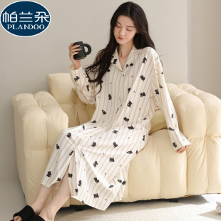2026新款纯棉睡裙女款春秋季长袖开衫翻领时尚条纹卡通睡衣连衣裙