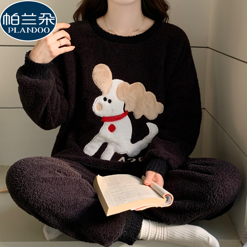 珊瑚绒睡衣女2025新款秋冬季半边绒加厚长袖卡通宽松可外穿家居服