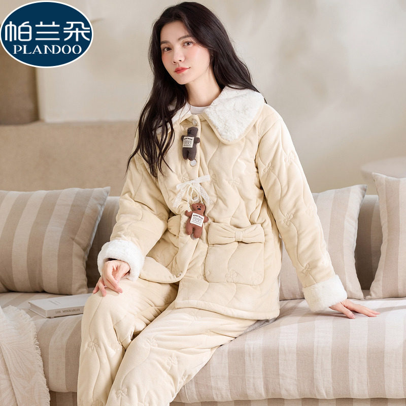 珊瑚绒三层夹棉袄睡衣女士冬季加绒加厚保暖法兰绒卡通家居服套装