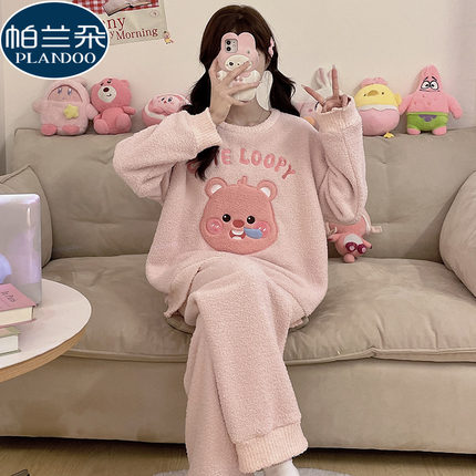 珊瑚绒睡衣女款秋冬季加厚加绒保暖半边绒可爱卡通少女学生家居服