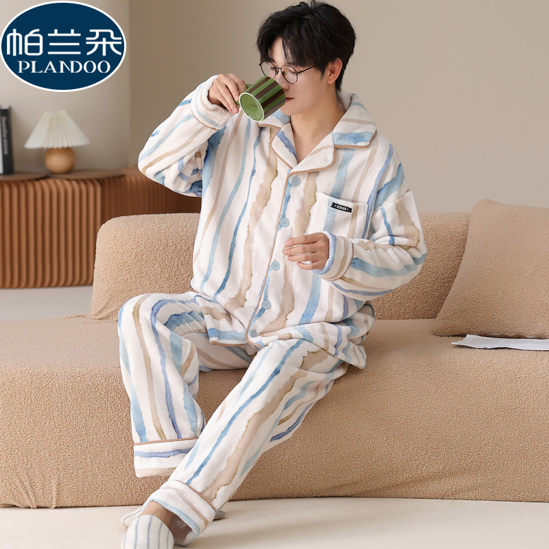 冬季睡衣男士法兰绒加厚珊瑚绒长袖冬天2025新款青少年条纹家居服