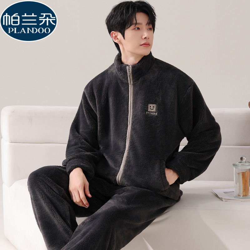 2025超火珊瑚绒睡衣男款秋冬季加厚保暖雪花绒开衫立领潮流家居服