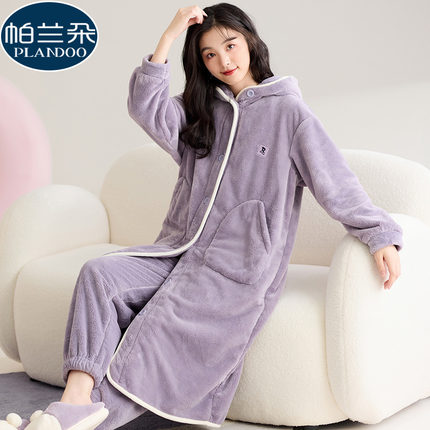 睡衣秋冬季女款珊瑚绒加厚加绒保暖睡袍简约休闲少女孩家居服套装