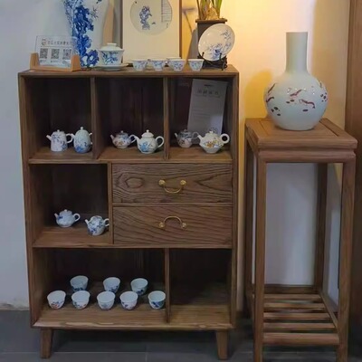 日式侘寂风全实木茶水柜茶具柜玄关玻璃矮柜胡桃木色收纳小餐边柜