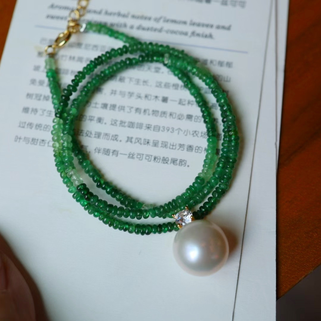 天然沙弗莱水晶项链大颗珍珠女款时尚复古锁骨链送生日礼物首饰