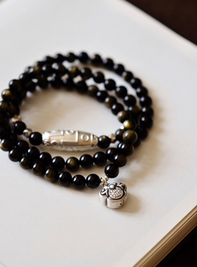 天然金曜石黑曜石国风复古天珠多圈手链女文玩纯银手串文艺项链