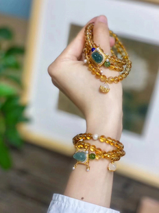 天然黄水晶多圈手串招财手链蓝水翡翠A货貔貅项链女款纯银鎏金