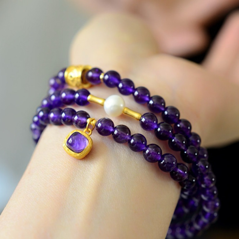 乌拉圭天然紫水晶多圈手链女款时尚复古纯银鎏金项链手串送礼物