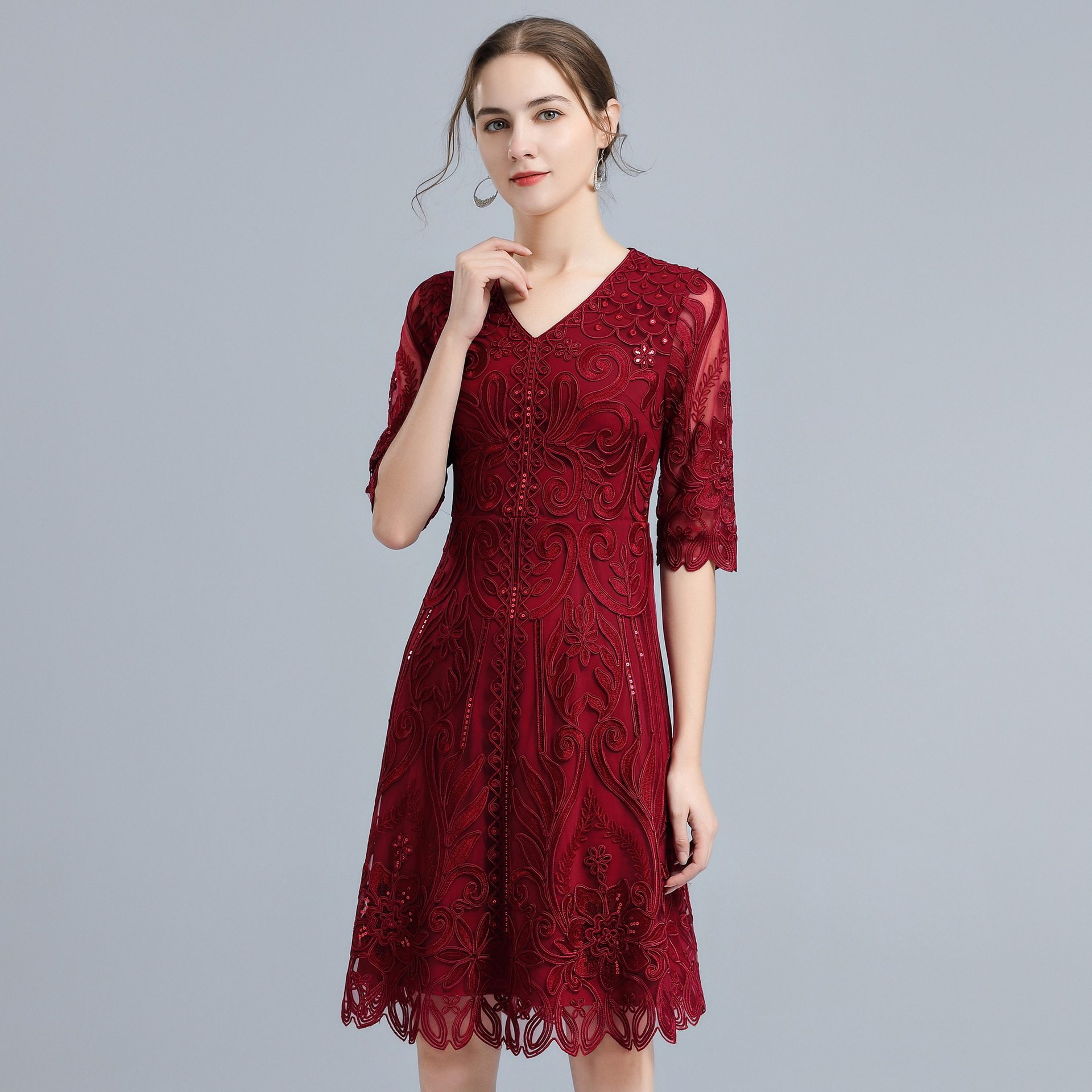 v领高端品牌网纱连衣裙春秋婚宴高贵小个子喜婆婆妈妈装