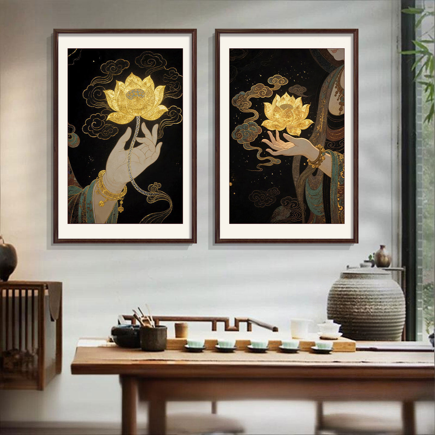 佛手莲花禅意佛系挂画玄关走廊茶室氛围布置东南亚风格复古装饰画