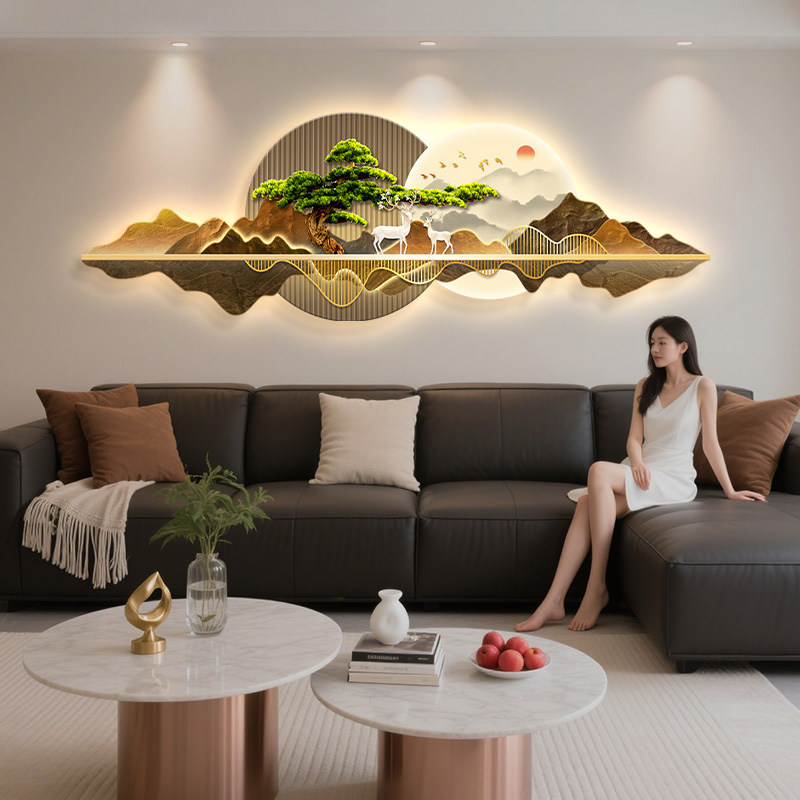新中式客厅装饰画现代轻奢灯画迎客松壁画新款沙发背景墙挂画壁灯,家居饰品,现代装饰画,淘宝优惠券,粉丝福利购,淘宝优惠卷