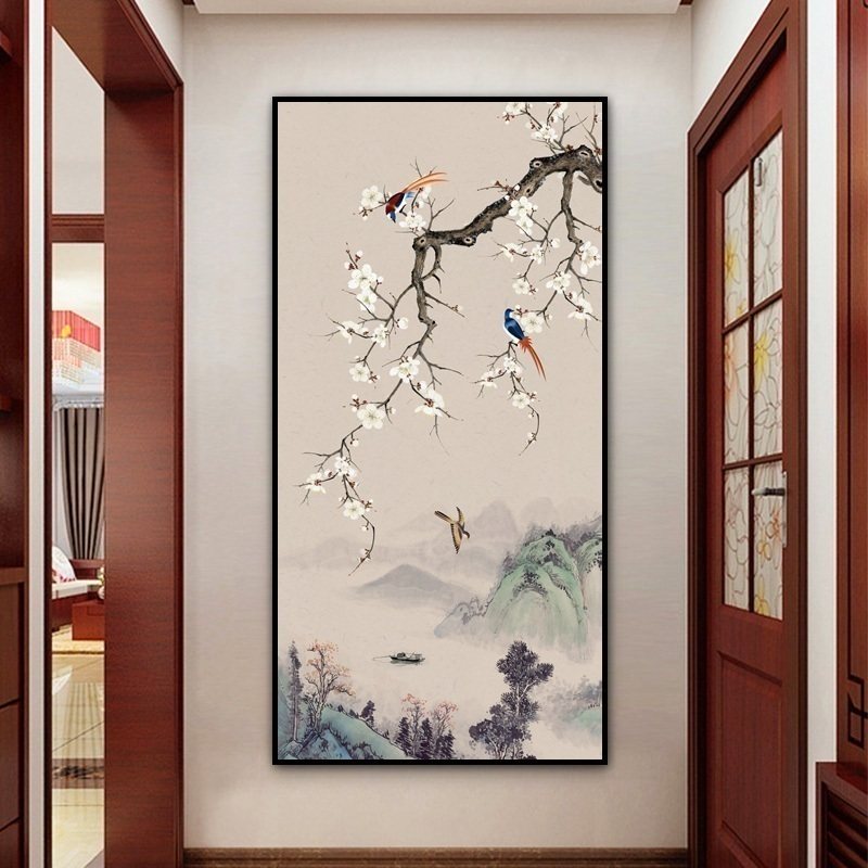 新中式玄关装饰画竖款花鸟工笔挂画中国风壁画客厅走廊楼梯有框画