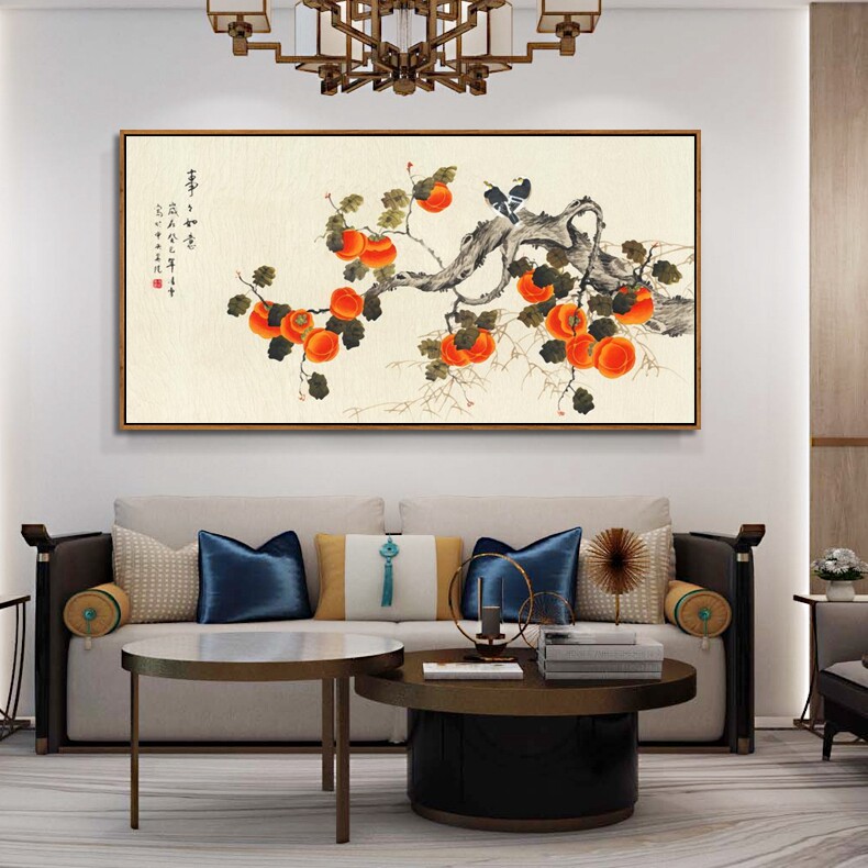 새로운 중국 스타일의 거실 장식 그림 배너 소파 배경 벽화 레스토랑 벽화 모든 것이 잘 어울린다 감 대기 매달려 그림