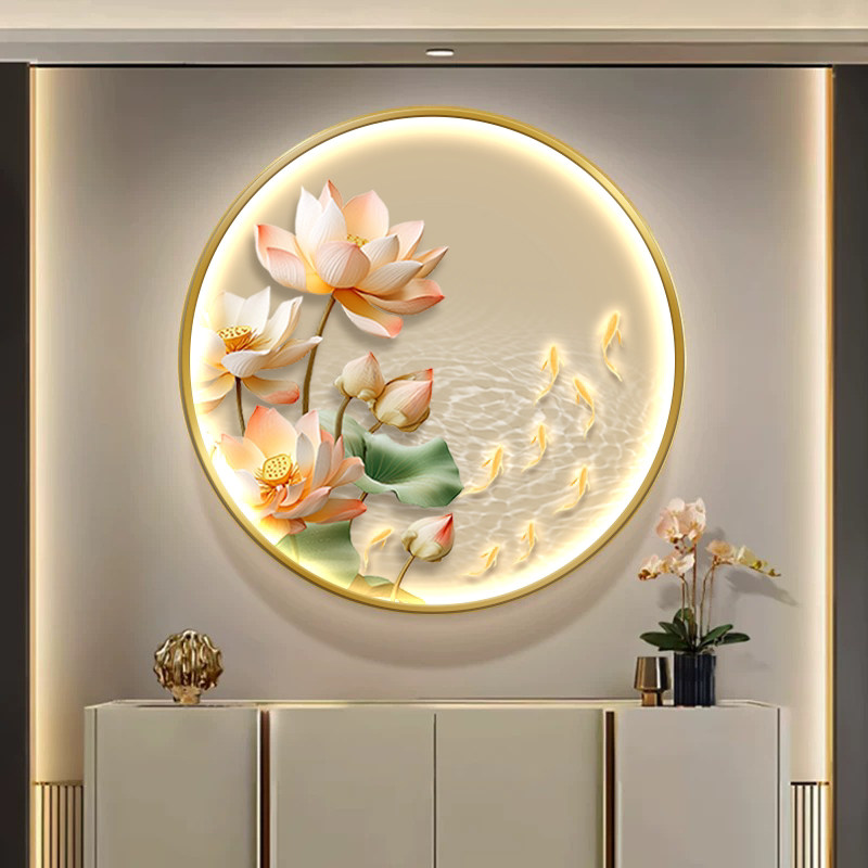 高级感荷花九鱼图单幅轻奢装饰画图片