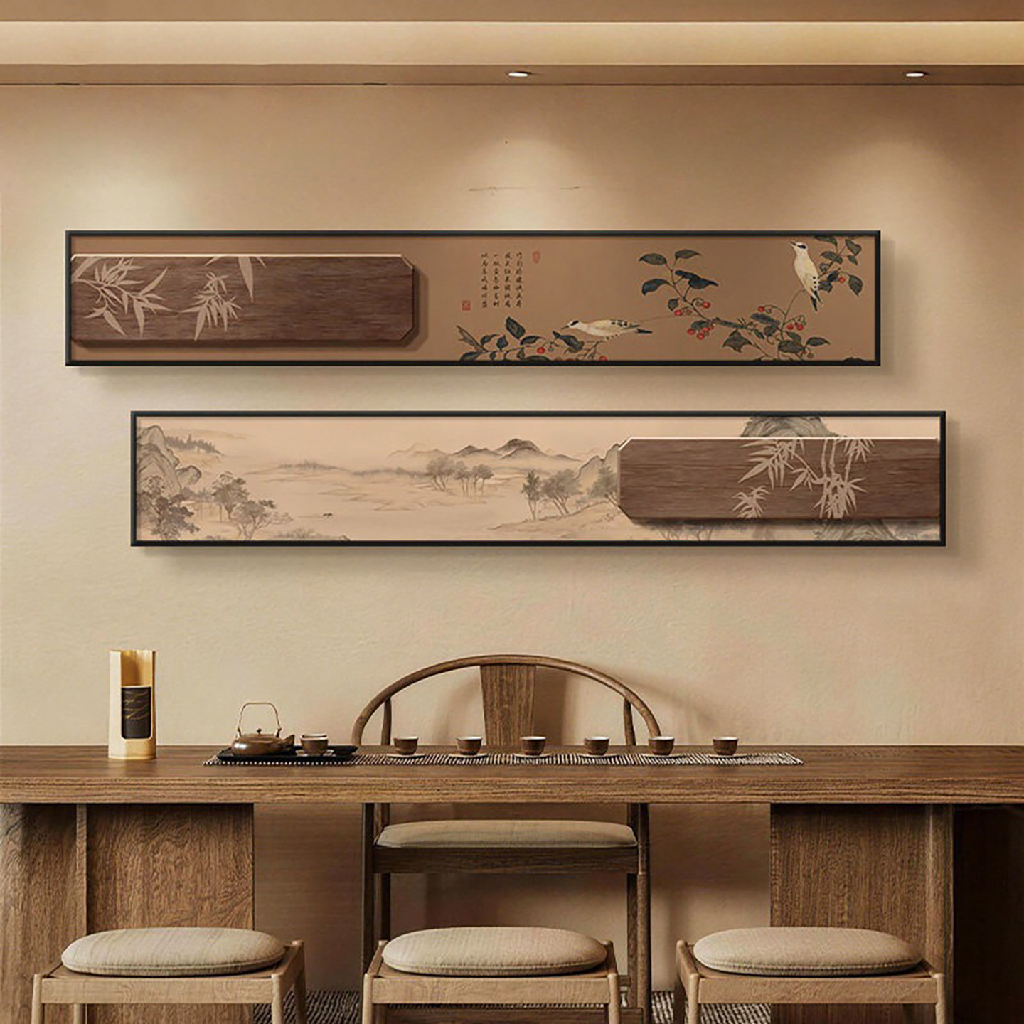 新中式花鸟图茶室横版挂画禅意竹子书房壁画客厅沙发背景墙装饰画