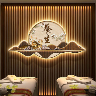 美容中医养生馆文化形象背景墙装饰画山水洗浴按摩采耳馆壁画带灯