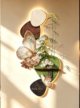 中古风玄关水培绿植灯光挂画