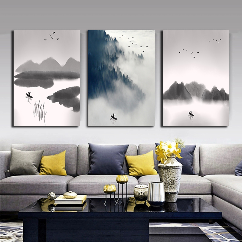 新中式意境山水装饰画玄关禅意壁画客厅国画挂画水墨三联组合画