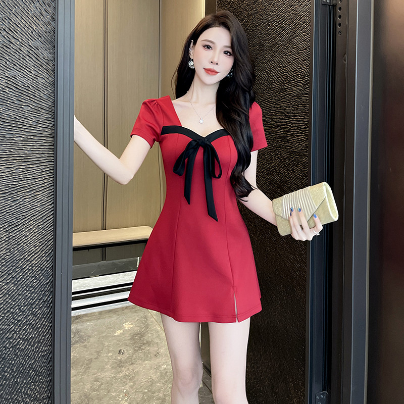 红色V领蝴蝶结连衣裙女性感短袖修身显瘦气质裙工作服百搭连衣裙