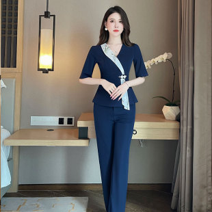高端V领收腰连衣裙女短袖修身显瘦美容师工作服气质套装女士女装