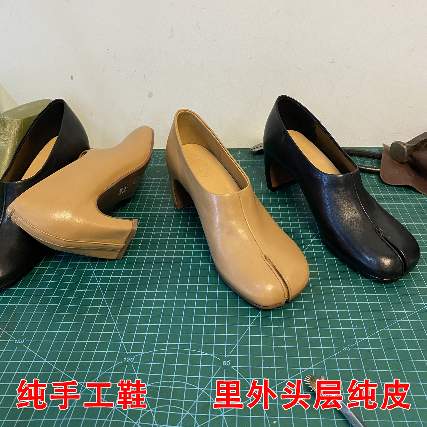 手工真皮分趾一脚蹬高跟乐福鞋图片