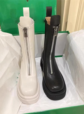 真皮内增高马丁靴女中筒靴前拉链白色切尔西短靴厚底mona烟筒靴