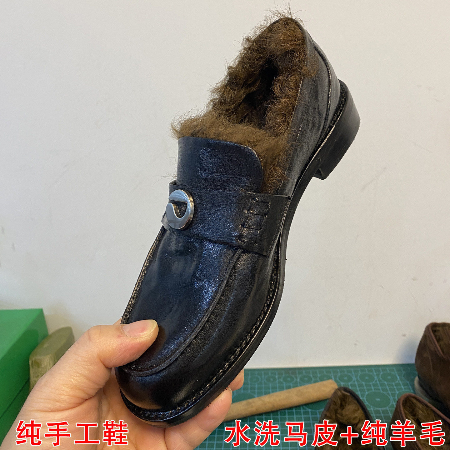 重工水洗马皮老钱风卷羊毛低跟乐福鞋女毛毛鞋真皮平底加绒小皮鞋