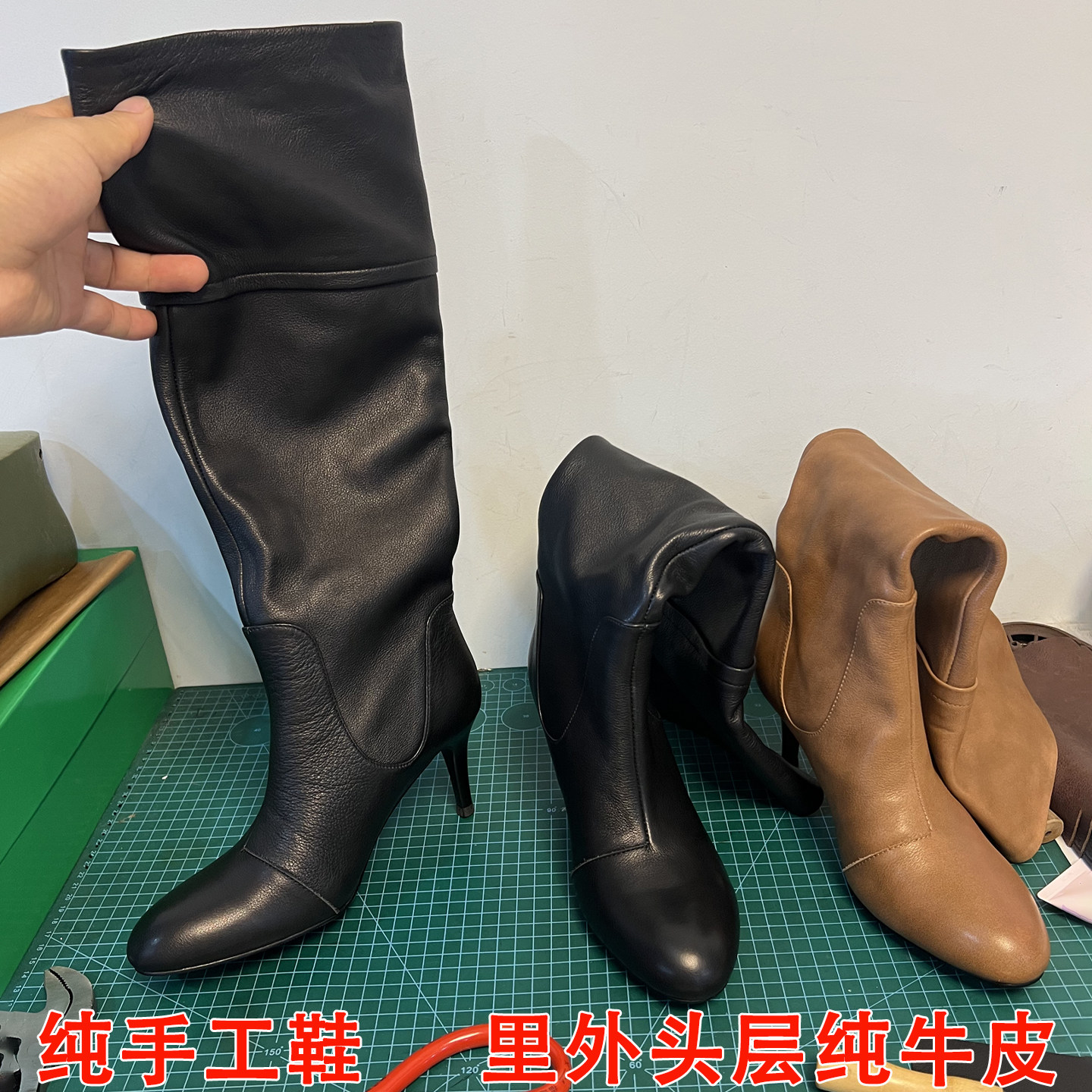 头层牛皮时尚细跟高筒靴复古显瘦褶皱堆堆靴百搭高筒不过膝长筒靴