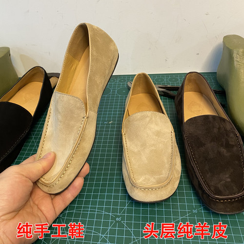 手工真皮头层羊反绒软底乐福鞋